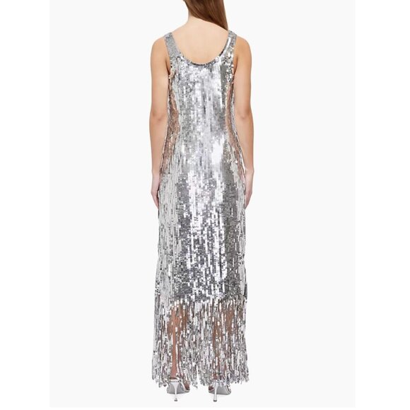 SIMKHAI Ayala Gown Silver Sequin Fringe Dress NWT  - Size 2 - Picture 3 of 14
